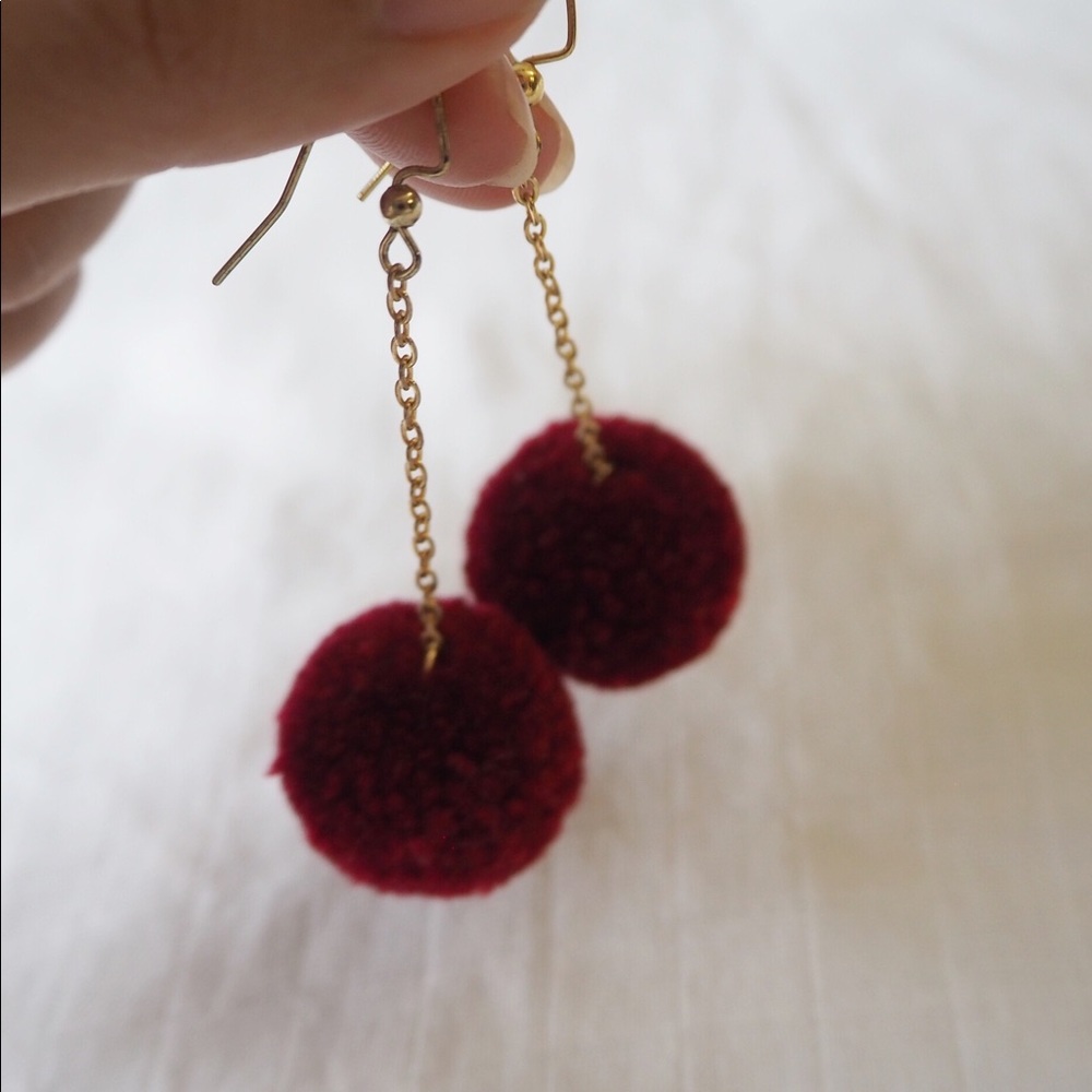 Red Burgundy Pom Pom Dangle Earrings Nickel Free - Picture 4 of 5